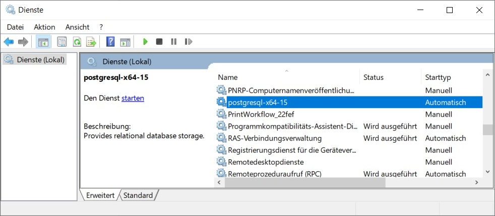 Dienst starten: postgresql-x64-15