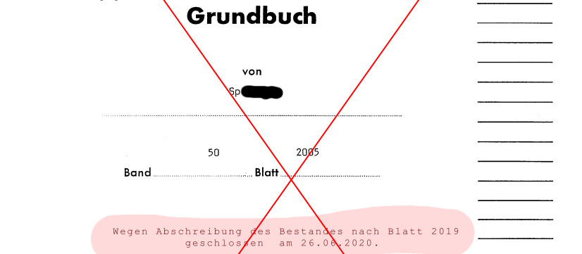 Umschreibungs- oder Schließungsvermerk auf der Deckseite